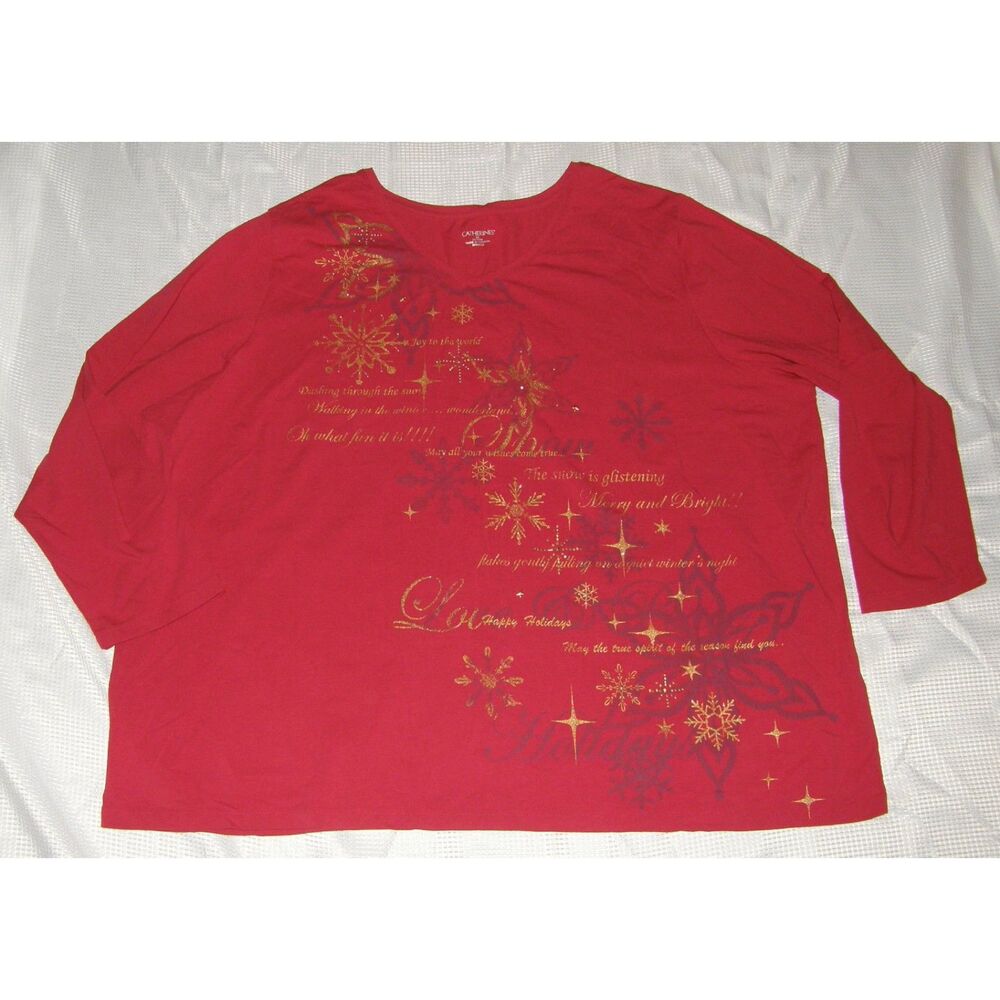 Sparkly Red Plus Sz 4X (30/32) Soft Stretchy Christmas Holiday Shirt CATHERINES